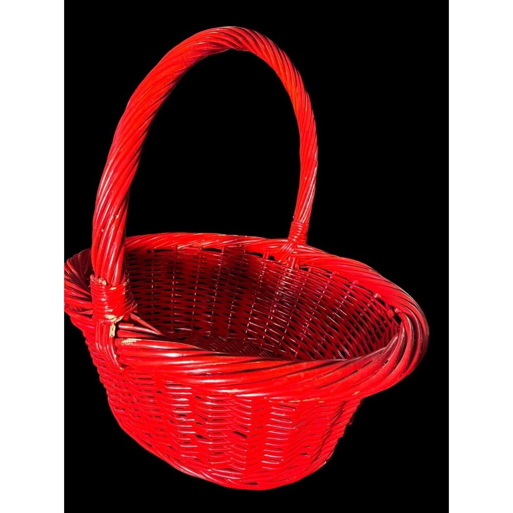 VTG Large Red Hand Woven Primitive Rustic Wicker Market Basket christmas 18”x16”